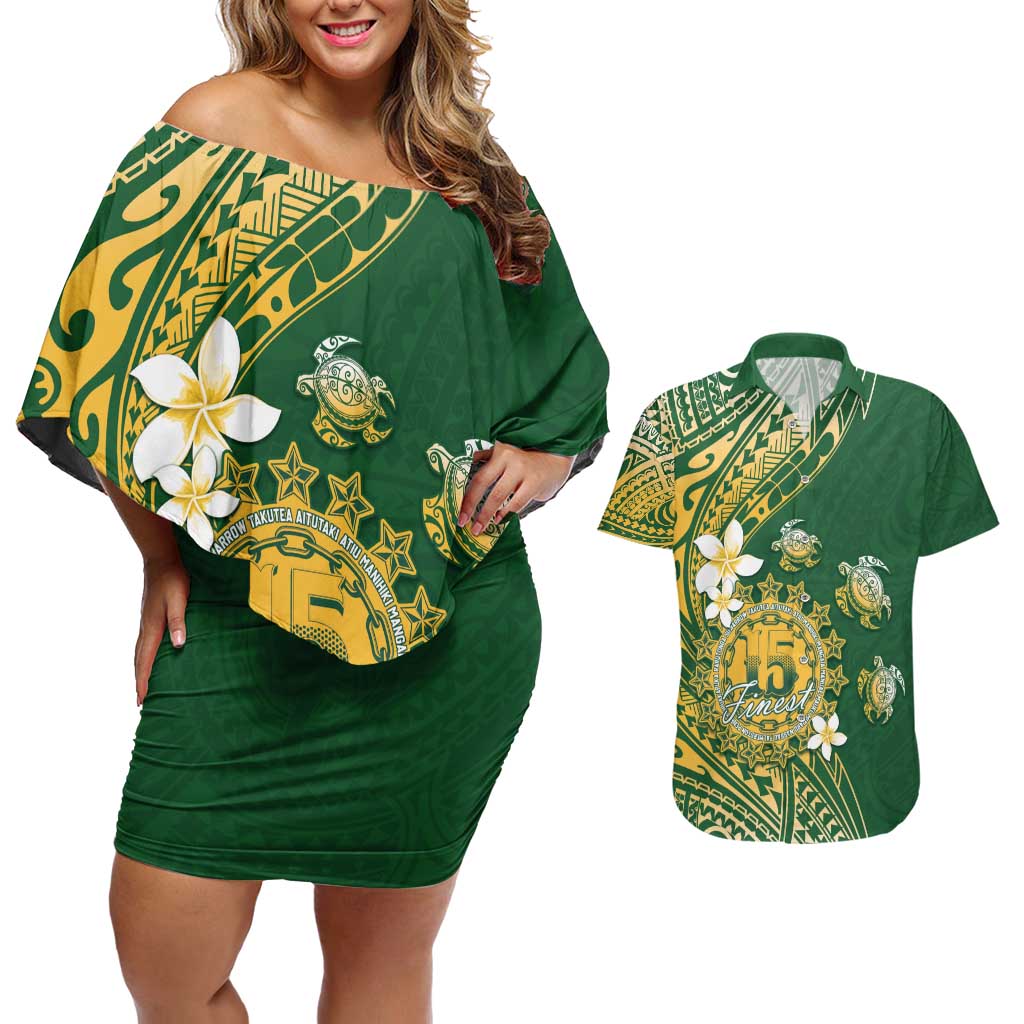 Cook Islands 15 Finest Couples Matching Off Shoulder Short Dress and Hawaiian Shirt Plumeria Polynesian Turtle