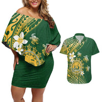 Cook Islands 15 Finest Couples Matching Off Shoulder Short Dress and Hawaiian Shirt Plumeria Polynesian Turtle