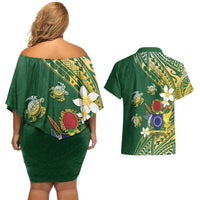 Cook Islands 15 Finest Couples Matching Off Shoulder Short Dress and Hawaiian Shirt Plumeria Polynesian Turtle