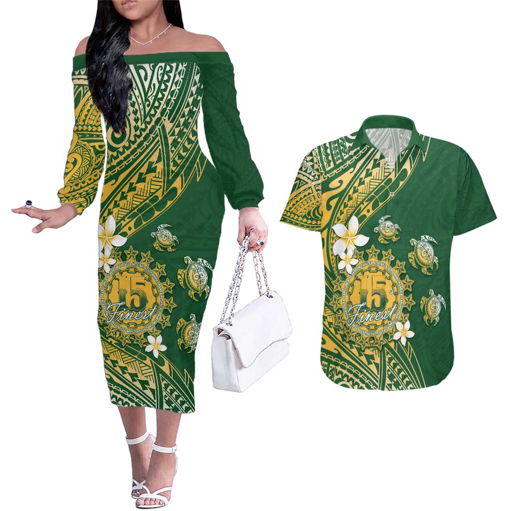 Cook Islands 15 Finest Couples Matching Off The Shoulder Long Sleeve Dress and Hawaiian Shirt Plumeria Polynesian Turtle