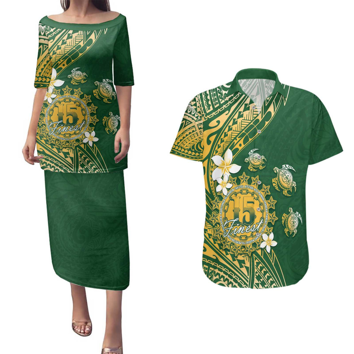 Cook Islands 15 Finest Couples Matching Puletasi and Hawaiian Shirt Plumeria Polynesian Turtle