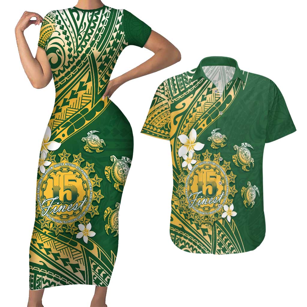 Cook Islands 15 Finest Couples Matching Short Sleeve Bodycon Dress and Hawaiian Shirt Plumeria Polynesian Turtle