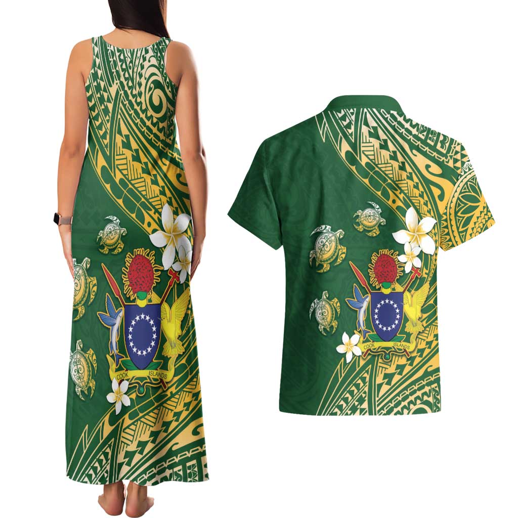 Cook Islands 15 Finest Couples Matching Tank Maxi Dress and Hawaiian Shirt Plumeria Polynesian Turtle
