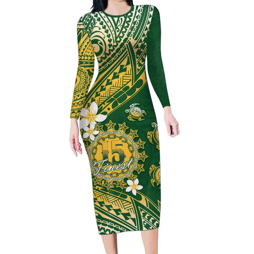 Cook Islands 15 Finest Family Matching Long Sleeve Bodycon Dress and Hawaiian Shirt Plumeria Polynesian Turtle