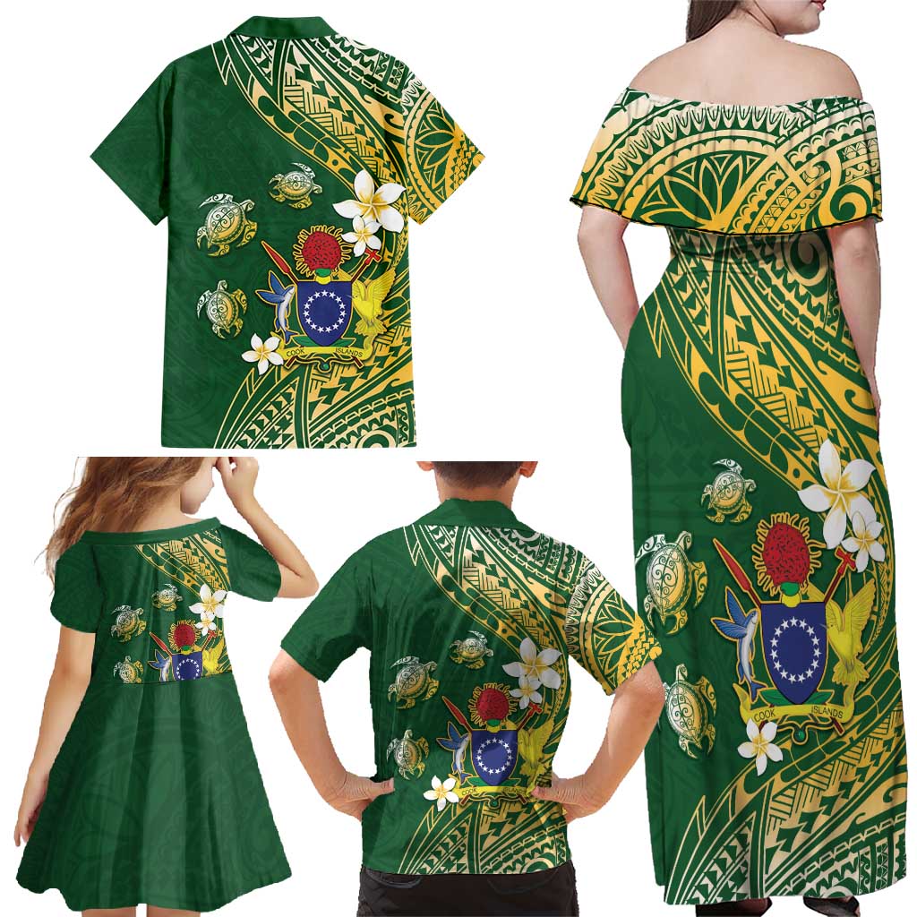 Cook Islands 15 Finest Family Matching Off Shoulder Maxi Dress and Hawaiian Shirt Plumeria Polynesian Turtle