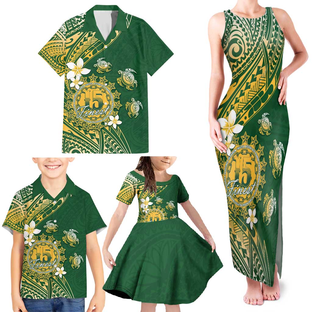 Cook Islands 15 Finest Family Matching Tank Maxi Dress and Hawaiian Shirt Plumeria Polynesian Turtle