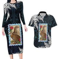 New Zealand Weka Couples Matching Long Sleeve Bodycon Dress and Hawaiian Shirt Maori Hen Koru Pattern LT05 Black - Polynesian Pride