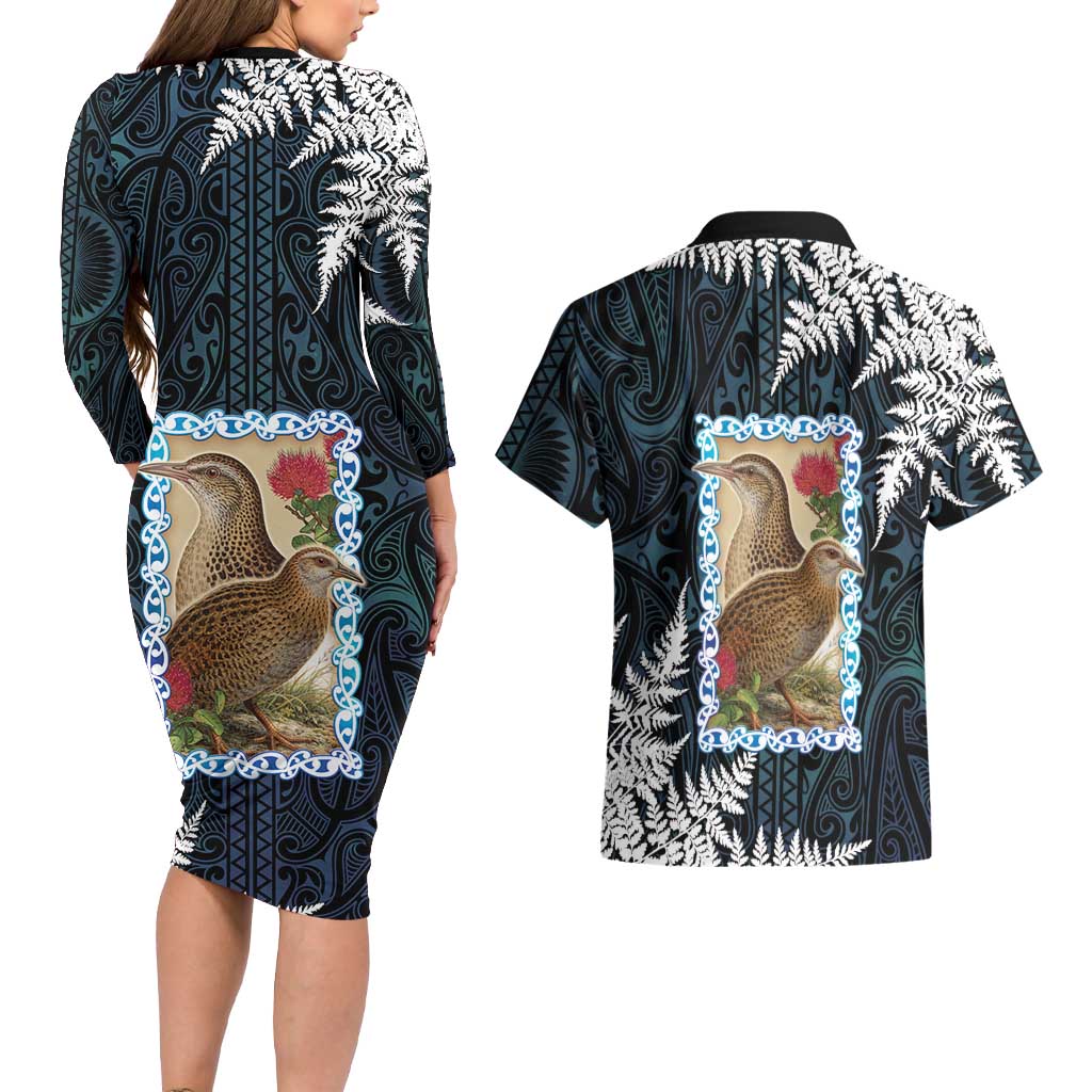 New Zealand Weka Couples Matching Long Sleeve Bodycon Dress and Hawaiian Shirt Maori Hen Koru Pattern LT05 - Polynesian Pride