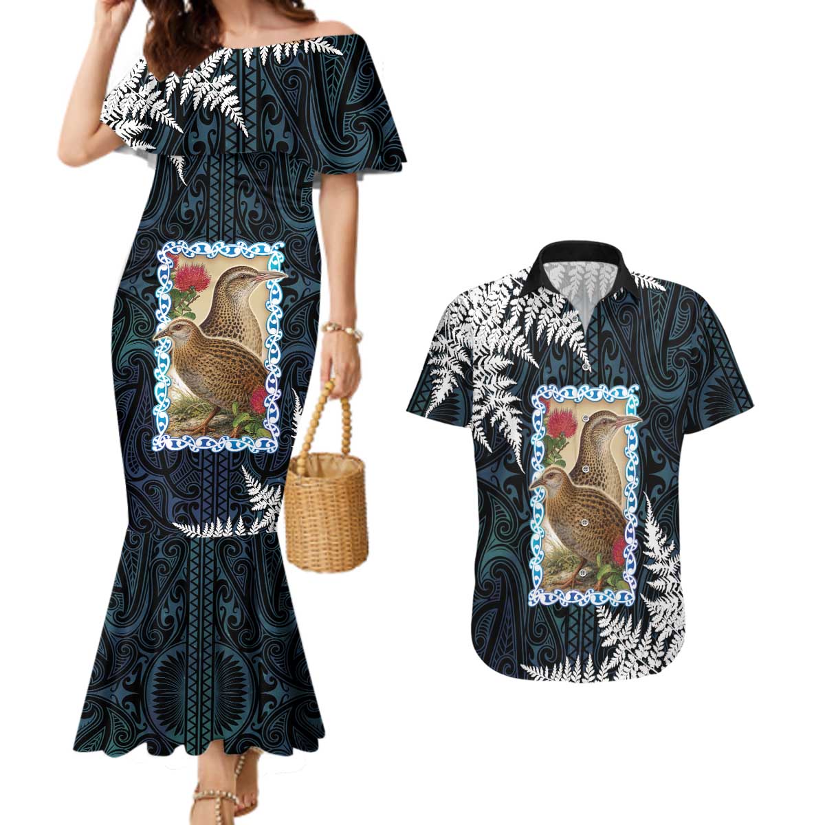 New Zealand Weka Couples Matching Mermaid Dress and Hawaiian Shirt Maori Hen Koru Pattern LT05 Black - Polynesian Pride