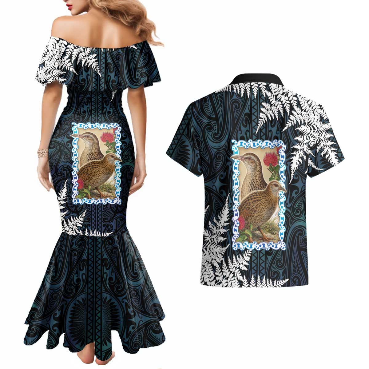 New Zealand Weka Couples Matching Mermaid Dress and Hawaiian Shirt Maori Hen Koru Pattern LT05 - Polynesian Pride