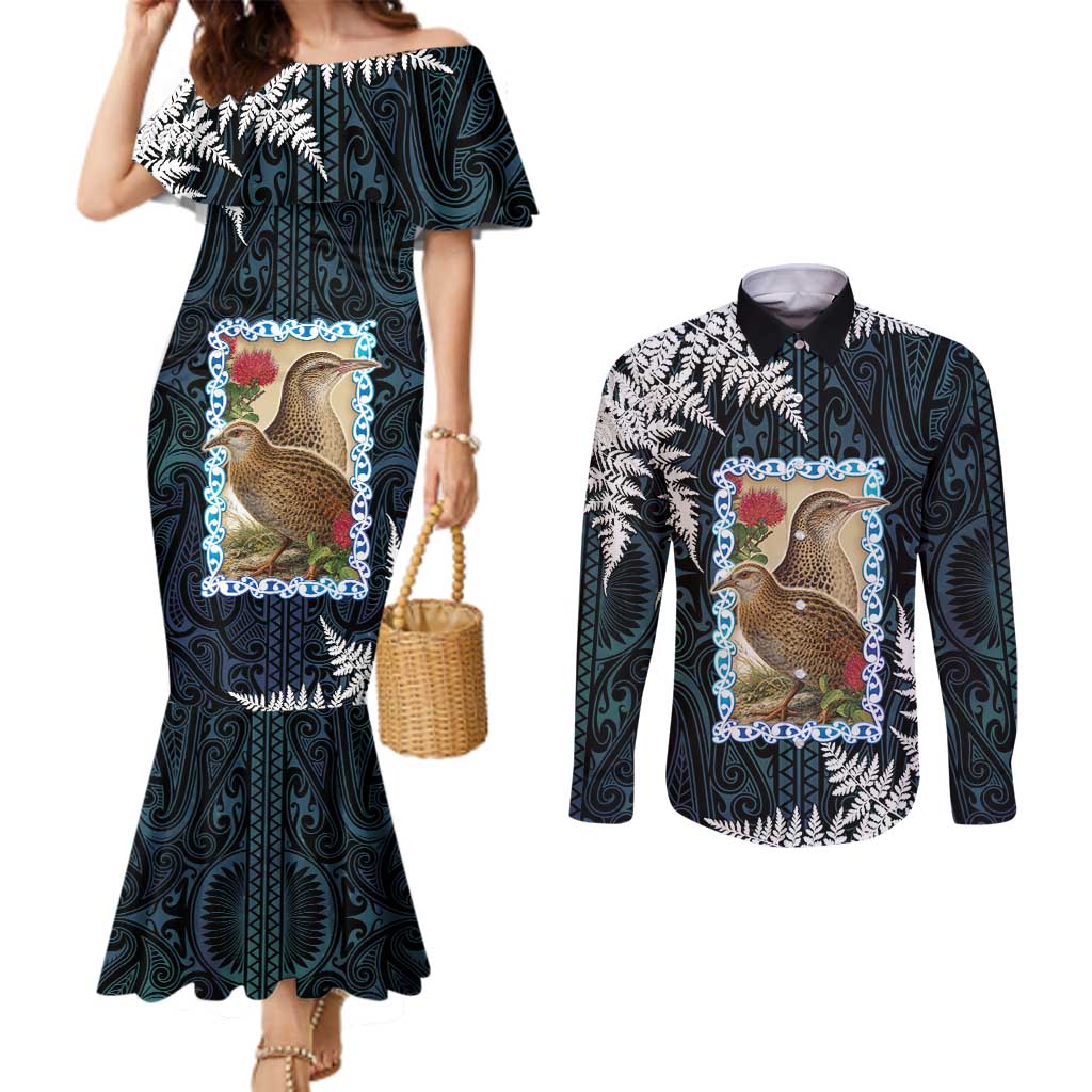 New Zealand Weka Couples Matching Mermaid Dress and Long Sleeve Button Shirt Maori Hen Koru Pattern LT05 Black - Polynesian Pride