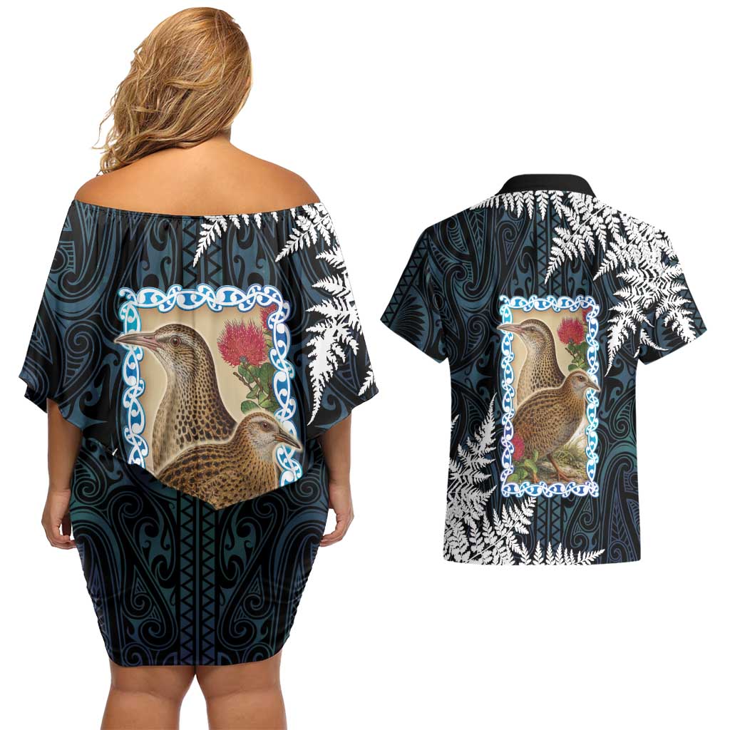 New Zealand Weka Couples Matching Off Shoulder Short Dress and Hawaiian Shirt Maori Hen Koru Pattern LT05 - Polynesian Pride