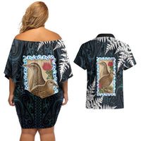 New Zealand Weka Couples Matching Off Shoulder Short Dress and Hawaiian Shirt Maori Hen Koru Pattern LT05 - Polynesian Pride