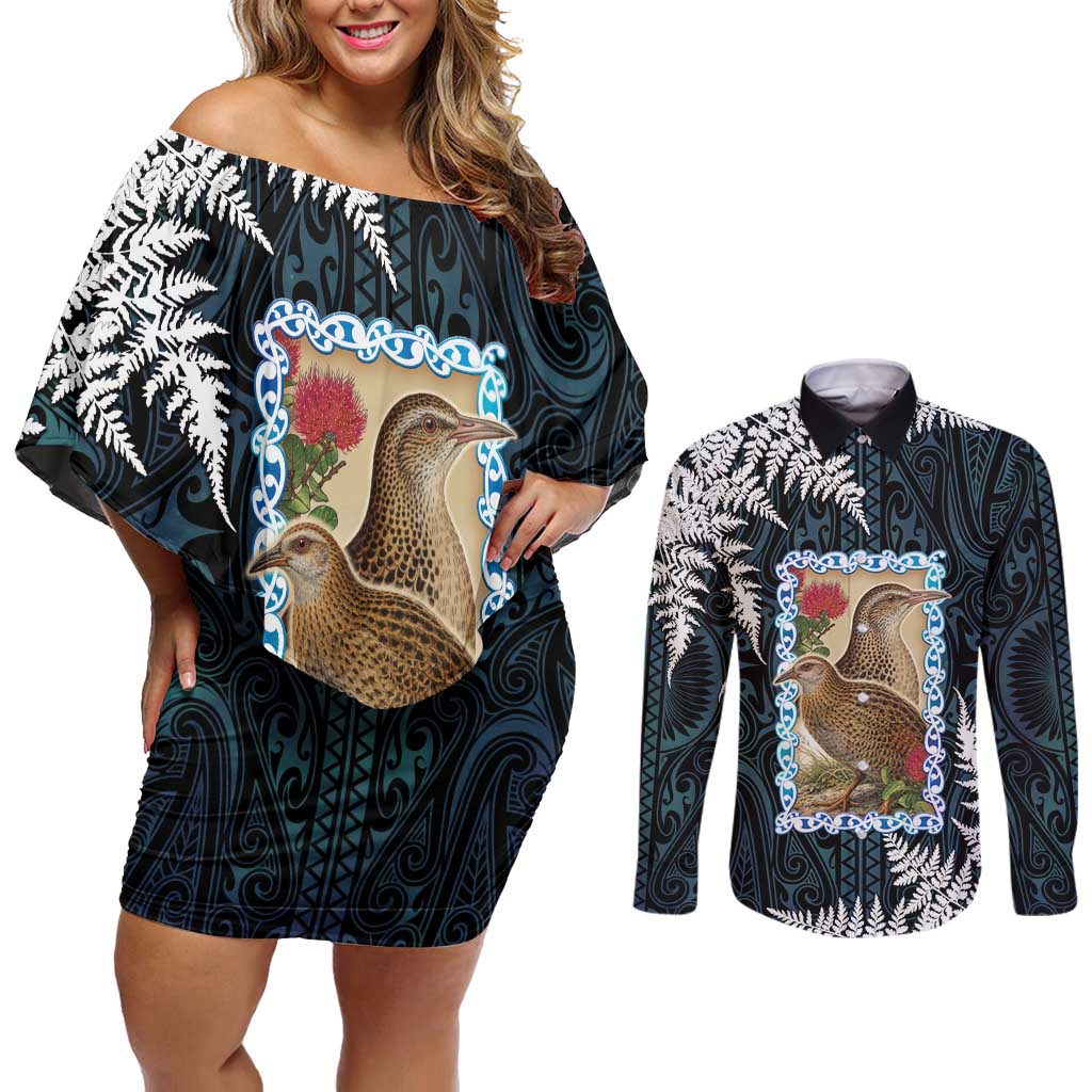 New Zealand Weka Couples Matching Off Shoulder Short Dress and Long Sleeve Button Shirt Maori Hen Koru Pattern - Polynesian Pride