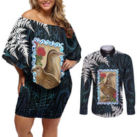 New Zealand Weka Couples Matching Off Shoulder Short Dress and Long Sleeve Button Shirt Maori Hen Koru Pattern - Polynesian Pride