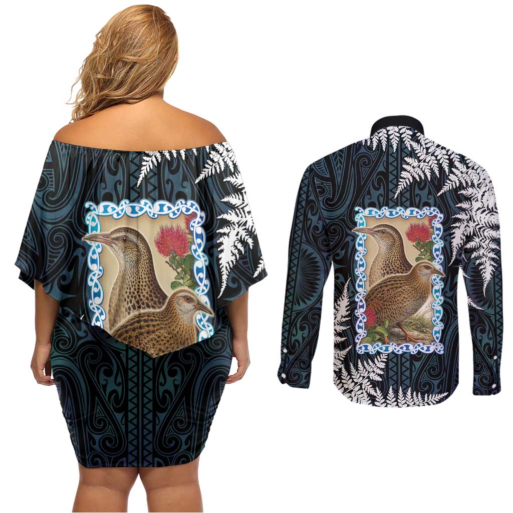 New Zealand Weka Couples Matching Off Shoulder Short Dress and Long Sleeve Button Shirt Maori Hen Koru Pattern - Polynesian Pride