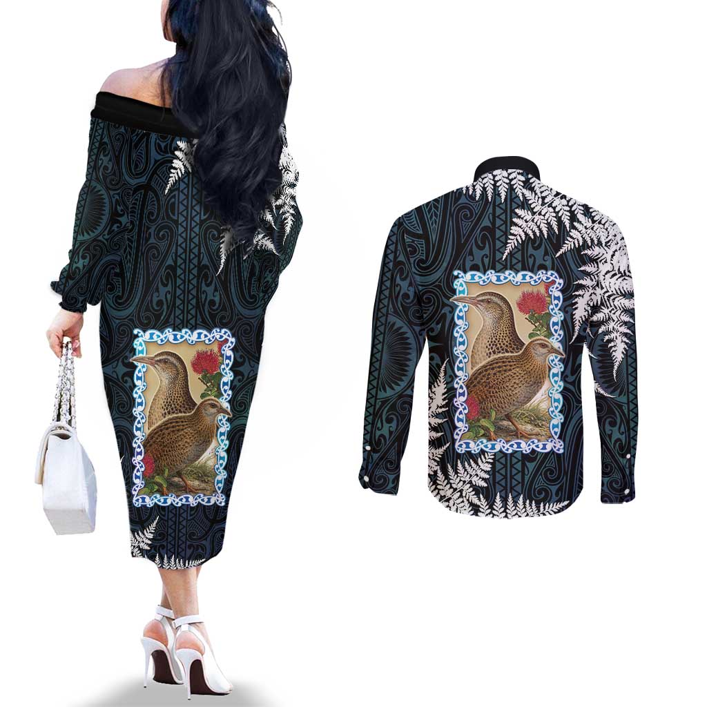 New Zealand Weka Couples Matching Off The Shoulder Long Sleeve Dress and Long Sleeve Button Shirt Maori Hen Koru Pattern LT05 - Polynesian Pride