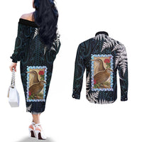 New Zealand Weka Couples Matching Off The Shoulder Long Sleeve Dress and Long Sleeve Button Shirt Maori Hen Koru Pattern LT05 - Polynesian Pride