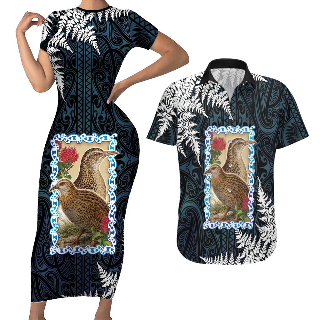 New Zealand Weka Couples Matching Short Sleeve Bodycon Dress and Hawaiian Shirt Maori Hen Koru Pattern LT05 Black - Polynesian Pride