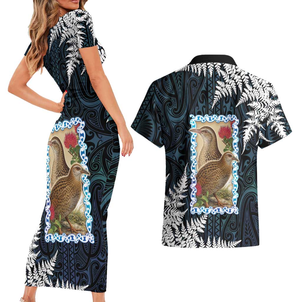 New Zealand Weka Couples Matching Short Sleeve Bodycon Dress and Hawaiian Shirt Maori Hen Koru Pattern LT05 - Polynesian Pride