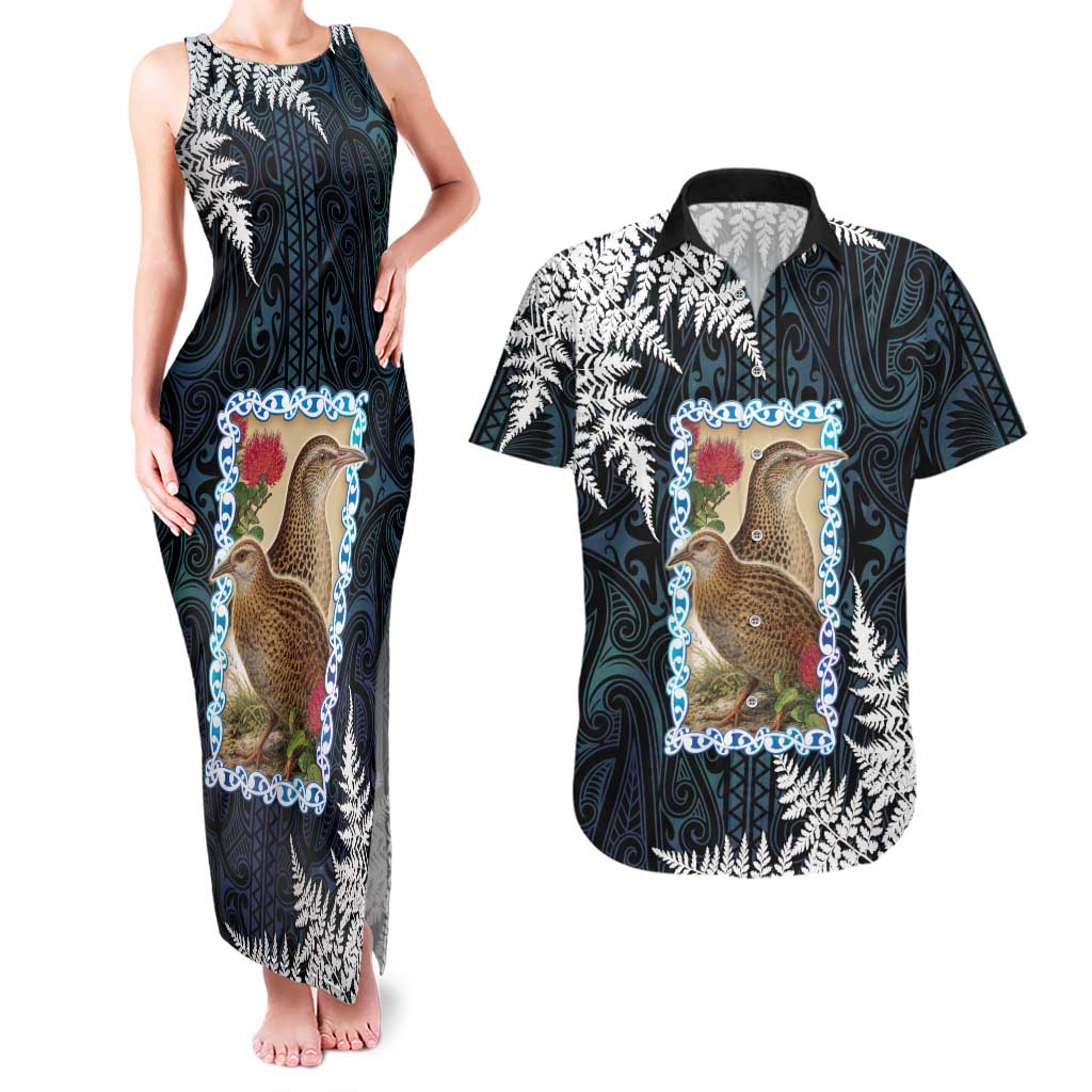 New Zealand Weka Couples Matching Tank Maxi Dress and Hawaiian Shirt Maori Hen Koru Pattern LT05 Black - Polynesian Pride