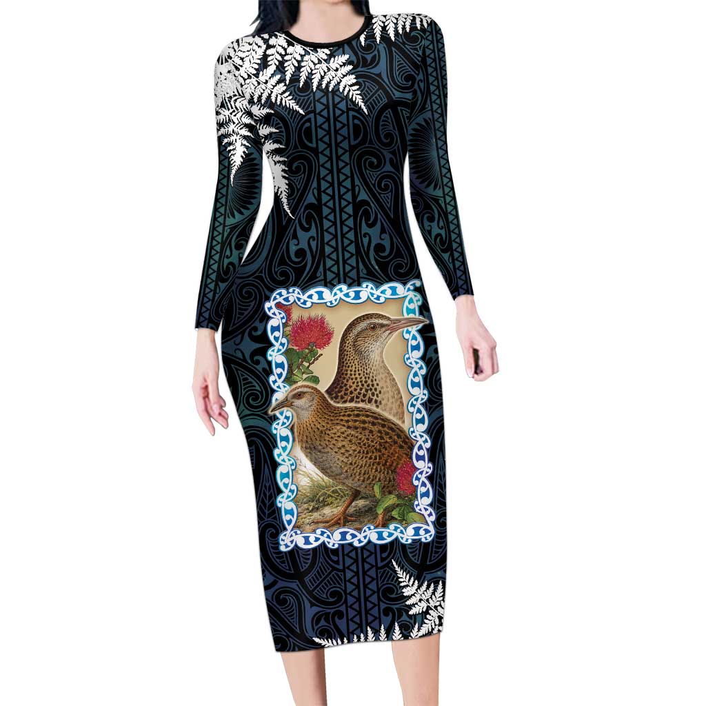 New Zealand Weka Long Sleeve Bodycon Dress Maori Hen Koru Pattern - Polynesian Pride