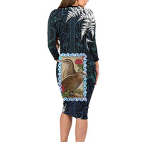 New Zealand Weka Long Sleeve Bodycon Dress Maori Hen Koru Pattern - Polynesian Pride