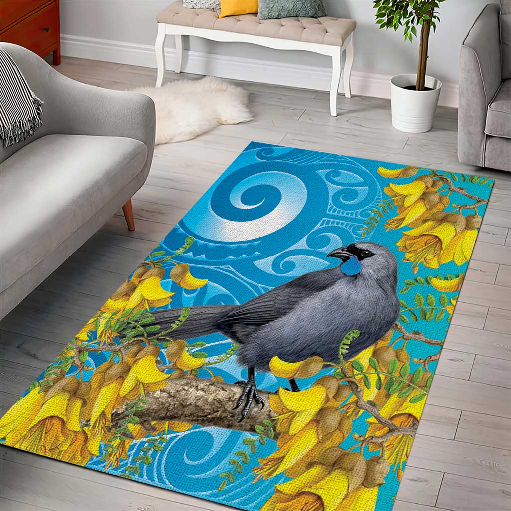 New Zealand Kokako Bird Area Rug Maori Koru With Kowhai Flowers - Polynesian Pride