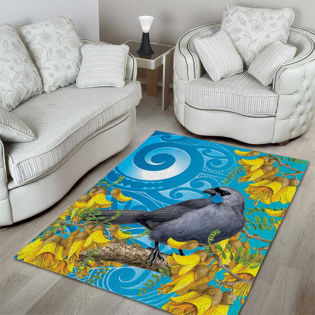 New Zealand Kokako Bird Area Rug Maori Koru With Kowhai Flowers - Polynesian Pride