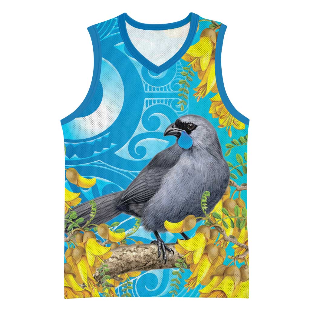 New Zealand Kokako Bird Basketball Jersey Maori Koru With Kowhai Flowers - Polynesian Pride