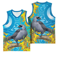New Zealand Kokako Bird Basketball Jersey Maori Koru With Kowhai Flowers - Polynesian Pride
