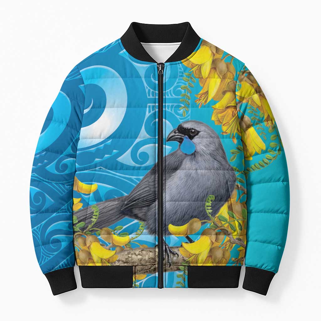 New Zealand Kokako Bird Bomber Puffer Jacket Maori Koru With Kowhai Flowers - Polynesian Pride