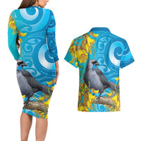 New Zealand Kokako Bird Couples Matching Long Sleeve Bodycon Dress and Hawaiian Shirt Maori Koru With Kowhai Flowers - Polynesian Pride