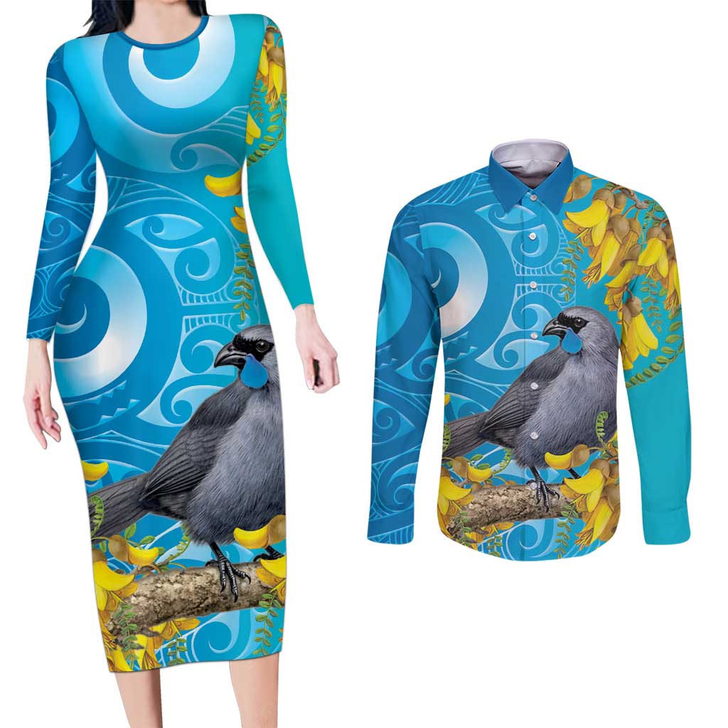 New Zealand Kokako Bird Couples Matching Long Sleeve Bodycon Dress and Long Sleeve Button Shirt Maori Koru With Kowhai Flowers - Polynesian Pride