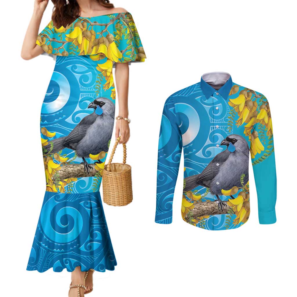New Zealand Kokako Bird Couples Matching Mermaid Dress and Long Sleeve Button Shirt Maori Koru With Kowhai Flowers - Polynesian Pride