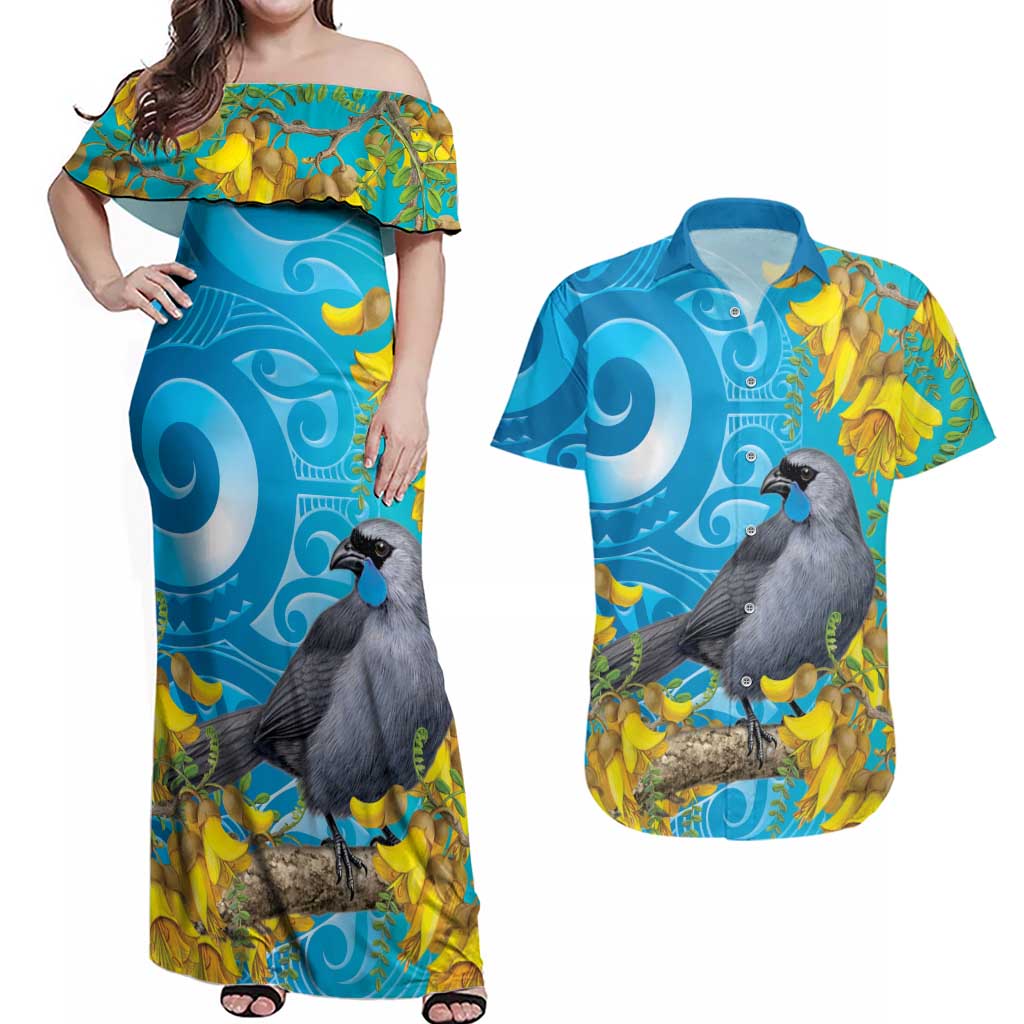 New Zealand Kokako Bird Couples Matching Off Shoulder Maxi Dress and Hawaiian Shirt Maori Koru With Kowhai Flowers - Polynesian Pride