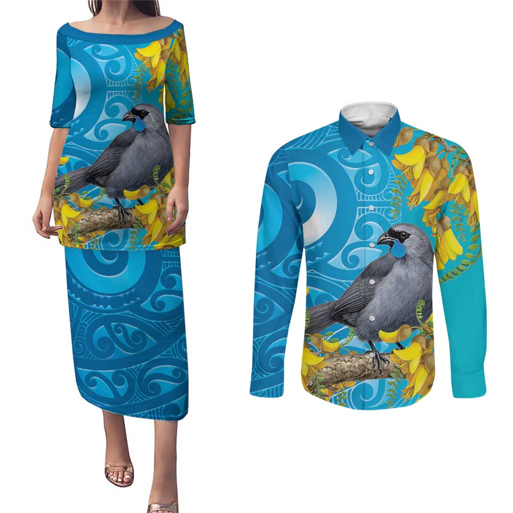 New Zealand Kokako Bird Couples Matching Puletasi and Long Sleeve Button Shirt Maori Koru With Kowhai Flowers - Polynesian Pride
