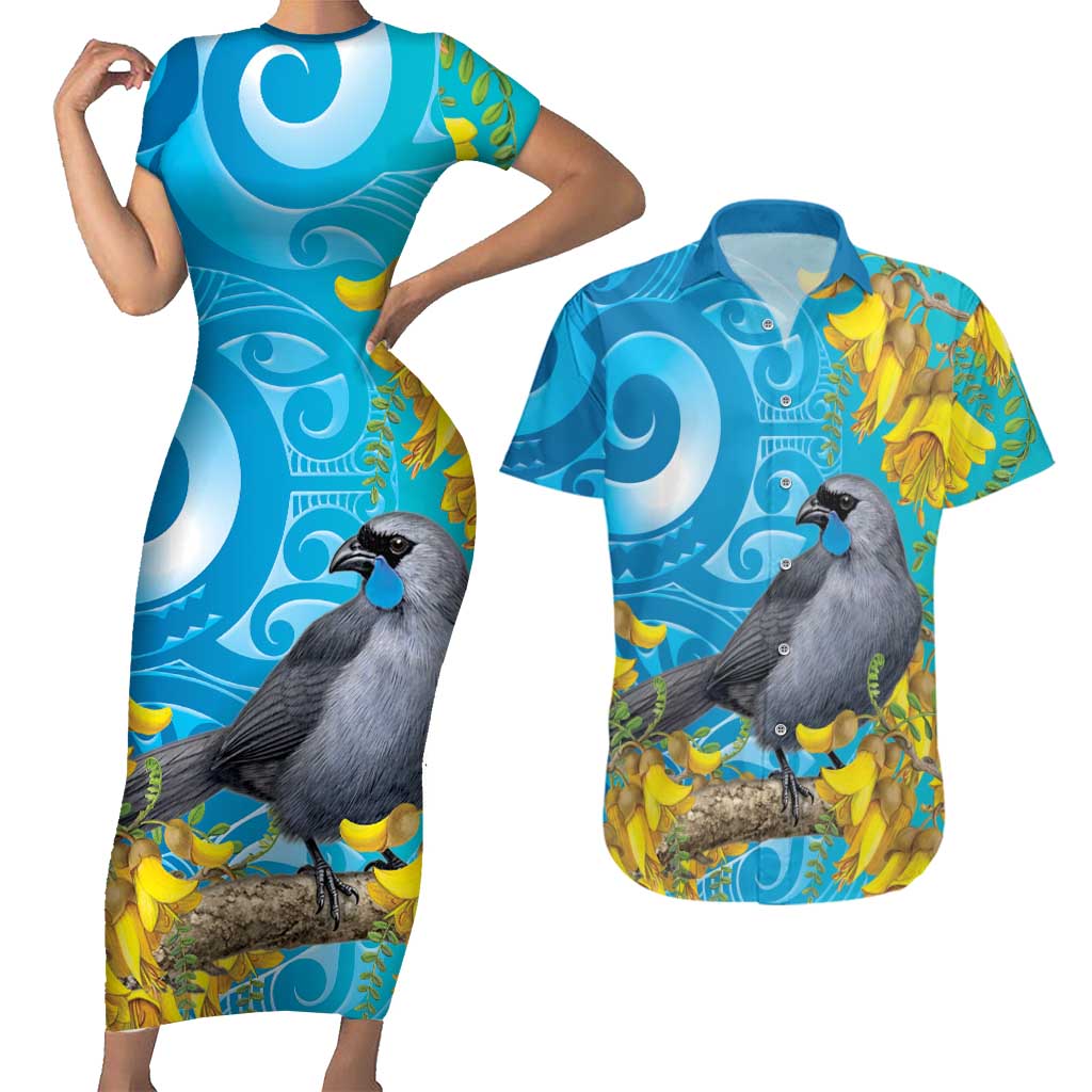 New Zealand Kokako Bird Couples Matching Short Sleeve Bodycon Dress and Hawaiian Shirt Maori Koru With Kowhai Flowers - Polynesian Pride
