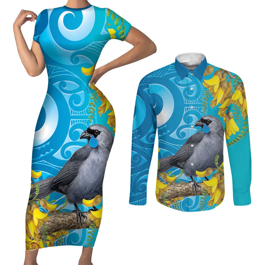 New Zealand Kokako Bird Couples Matching Short Sleeve Bodycon Dress and Long Sleeve Button Shirt Maori Koru With Kowhai Flowers - Polynesian Pride