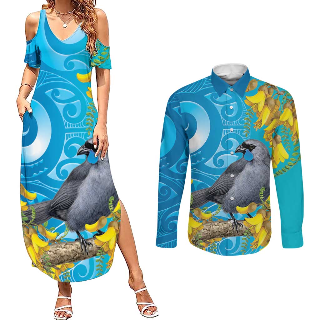 New Zealand Kokako Bird Couples Matching Summer Maxi Dress and Long Sleeve Button Shirt Maori Koru With Kowhai Flowers - Polynesian Pride