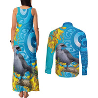 New Zealand Kokako Bird Couples Matching Tank Maxi Dress and Long Sleeve Button Shirt Maori Koru With Kowhai Flowers - Polynesian Pride