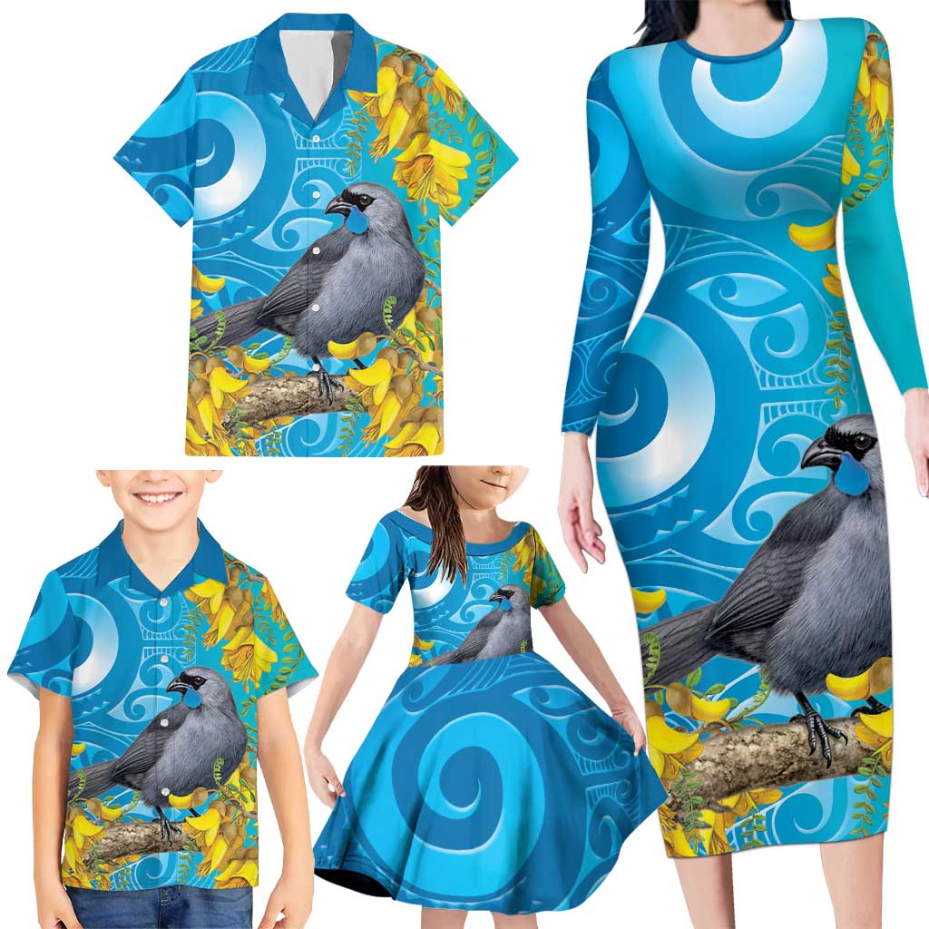 New Zealand Kokako Bird Family Matching Long Sleeve Bodycon Dress and Hawaiian Shirt Maori Koru With Kowhai Flowers
