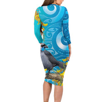 New Zealand Kokako Bird Family Matching Long Sleeve Bodycon Dress and Hawaiian Shirt Maori Koru With Kowhai Flowers