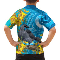 New Zealand Kokako Bird Family Matching Mermaid Dress and Hawaiian Shirt Maori Koru With Kowhai Flowers LT05 - Polynesian Pride