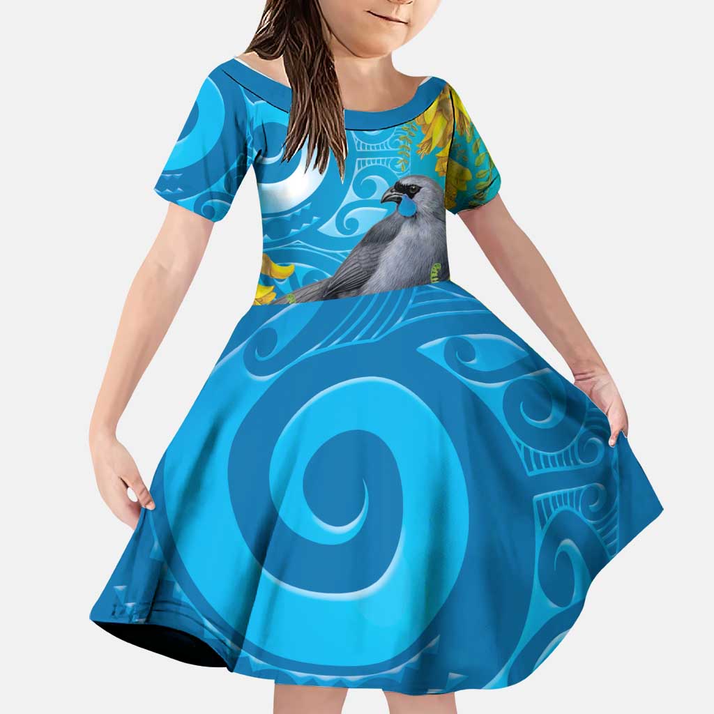 New Zealand Kokako Bird Family Matching Mermaid Dress and Hawaiian Shirt Maori Koru With Kowhai Flowers LT05 Daughter's Dress Aqua - Polynesian Pride