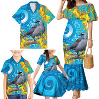 New Zealand Kokako Bird Family Matching Mermaid Dress and Hawaiian Shirt Maori Koru With Kowhai Flowers LT05 - Polynesian Pride