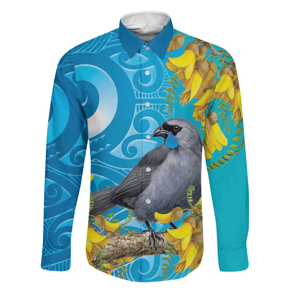 New Zealand Kokako Bird Family Matching Mermaid Dress and Hawaiian Shirt Maori Koru With Kowhai Flowers LT05 Dad's Shirt - Long Sleeve Aqua - Polynesian Pride