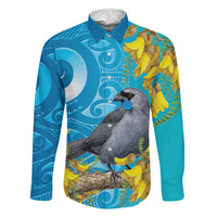 New Zealand Kokako Bird Family Matching Mermaid Dress and Hawaiian Shirt Maori Koru With Kowhai Flowers LT05 Dad's Shirt - Long Sleeve Aqua - Polynesian Pride