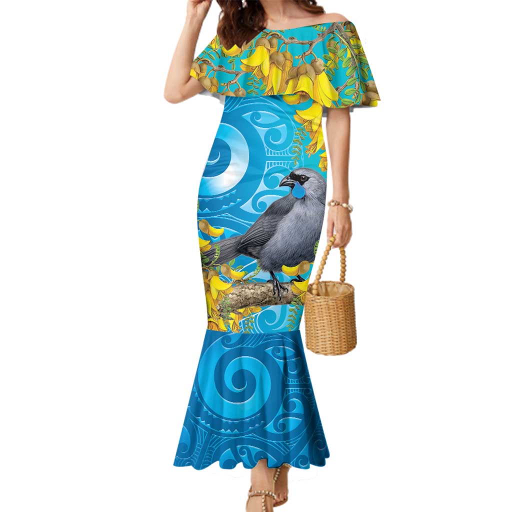 New Zealand Kokako Bird Family Matching Mermaid Dress and Hawaiian Shirt Maori Koru With Kowhai Flowers LT05 Mom's Dress Aqua - Polynesian Pride