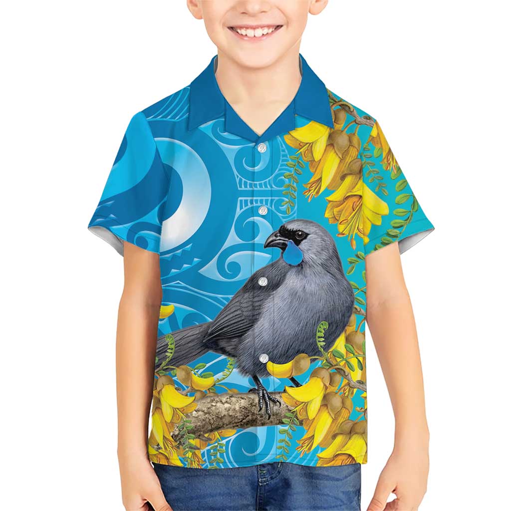 New Zealand Kokako Bird Family Matching Mermaid Dress and Hawaiian Shirt Maori Koru With Kowhai Flowers LT05 Son's Shirt Aqua - Polynesian Pride